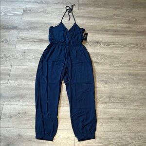 Lulu's Blue Halter Jumpsuit with Relaxed Fit